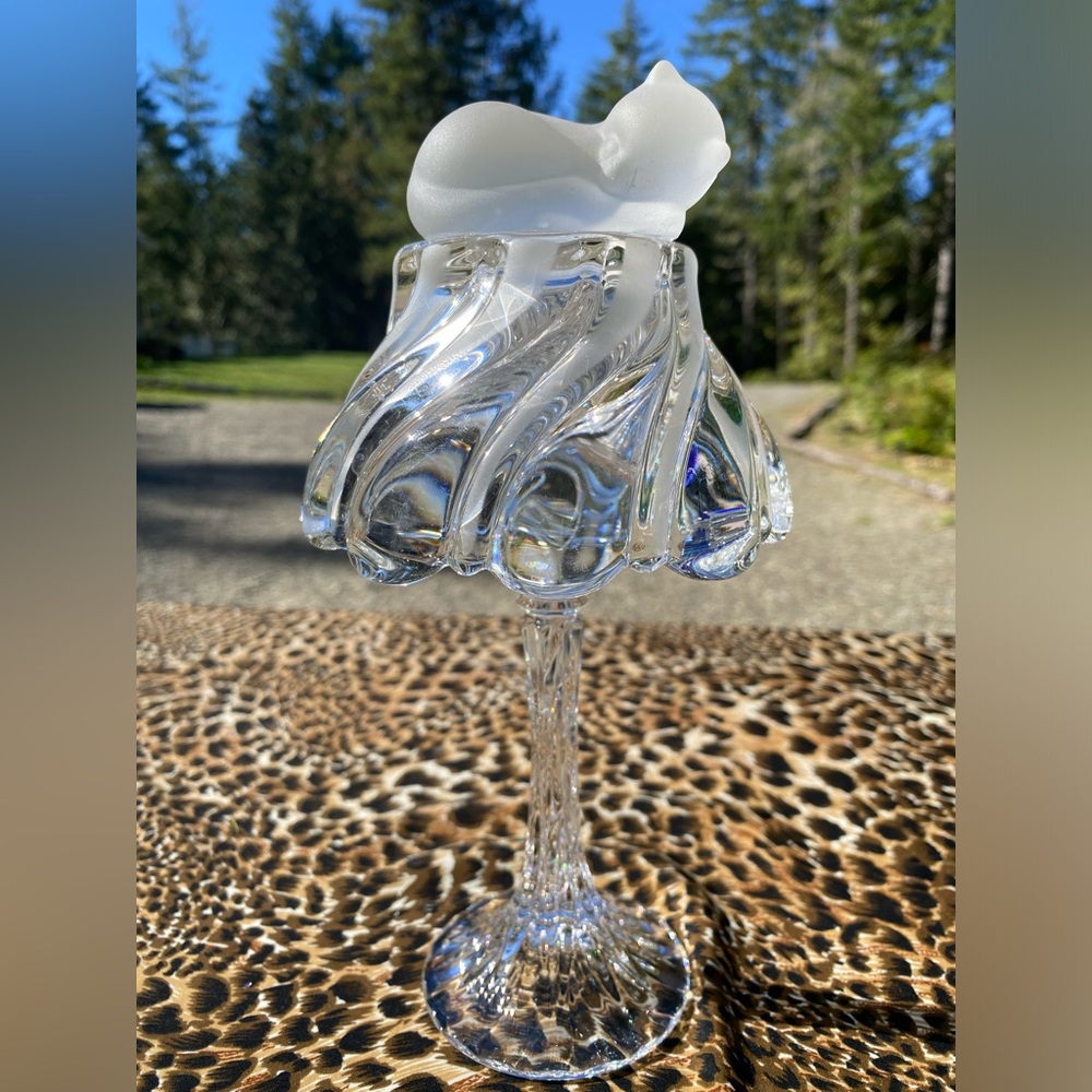 Vintage Clear Glass Mushroom Art w/Sleeping Cat